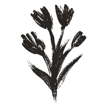 Grunge charcoal ink autumn or summer abstract cut out field or garden flower for scrapbook collage design. Hand drawn wax crayon botanic herb sticker. Vector isolated illustration silhouette or shadow