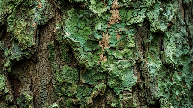 A detailed close-up view of moss-covered tree bark with green patches and rough texture