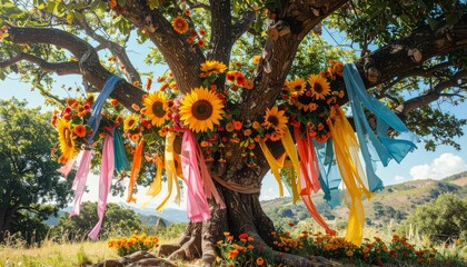 Fototapeta premium Sunflowers Blooming in a Sunny Field and Garden Under Blue Sky Summer Nature Floral Agriculture Landscape