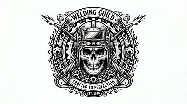 Skull wearing welding mask emblem design