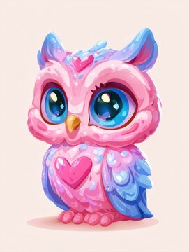 Cute stylized illustration of a pink and blue baby owl with large glossy eyes and heart patterns rendered in a soft pastel color scheme for children book cover, sticker, or nursery decoration.