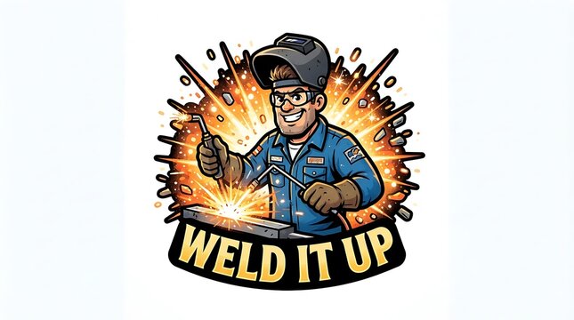 Weld it up vector badge with welder character