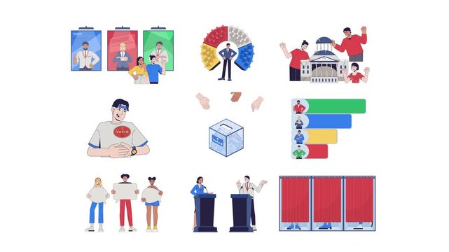 Democracy election voting and civic participation 2D animation pack. Ballot box. Exit poll. Political people animated characters cartoon flat concepts collection 4K video isolated on transparent