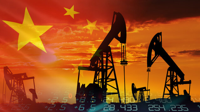China crude oil price volatility and energy market fluctuations with the impact of national economic policies combined with oil pump jacks operating at sunset the China national flag 
