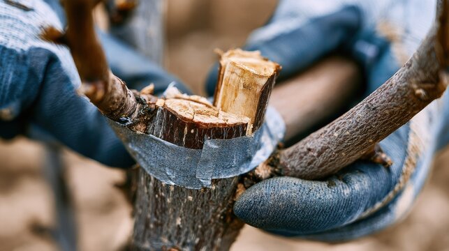 Hands in industrial gloves perform grafting on pear tree rootstock. The cut area is wrapped with paraffin tape in a neutral orchard background.