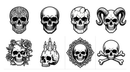 Fototapeta premium Collection of eerie and artistic skull illustrations, featuring gothic and macabre designs with decorative elements