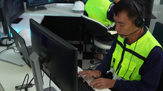 logistics operator team using GPS radar and real-time fleet management dashboard on computer.