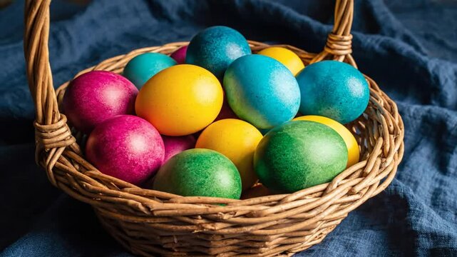 Basket filled with brightly colored Easter eggs on blue linen background, close up static shot