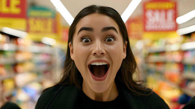 A stunningly beautiful and joyful Latina woman with her mouth wide open stands behind the scene of a supermarket. She's in great shock and surprise, screaming. A bold new idea showcasing massive disco