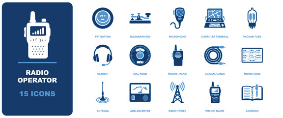 Radio operator icon sheet featuring blue of communication equipment, including walkie talkies, antennas, and telegraph keys © Arthur