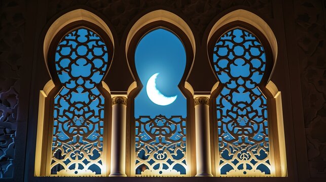 Three Arch Moorish Windows with Blue Lattice and Crescent Moon Illuminated at Night