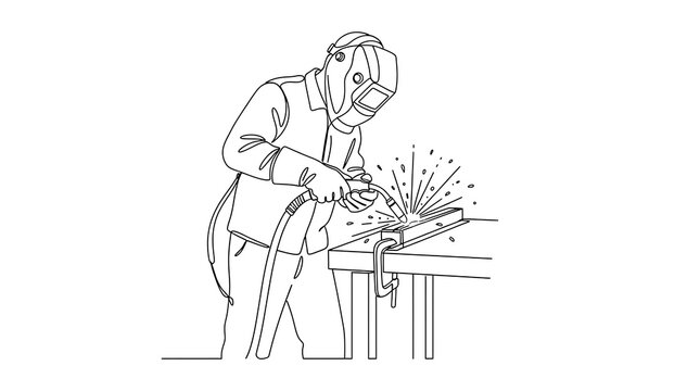 Line art drawing of a welder at work