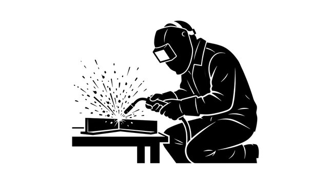 Black silhouette of a welder welding steel parts