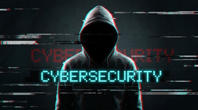 Anonymous hooded figure standing against a dark digital background with glowing cybersecurity text effect