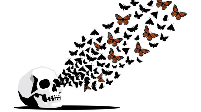 Skull and butterflies metamorphosis vector illustration with swarm of flying insects