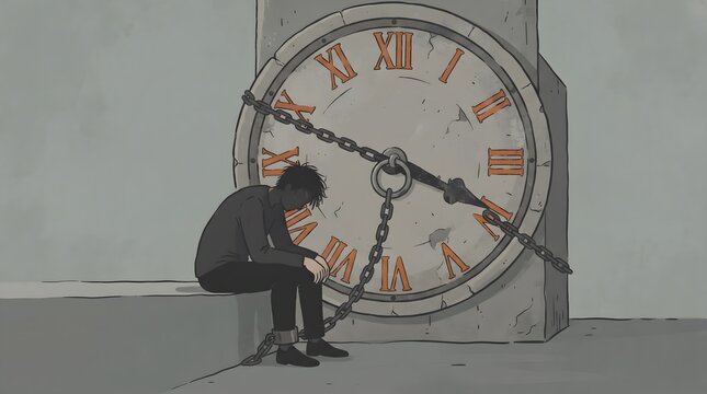 Burnout Concept Illustration of Exhausted Person Chained to Giant Clock