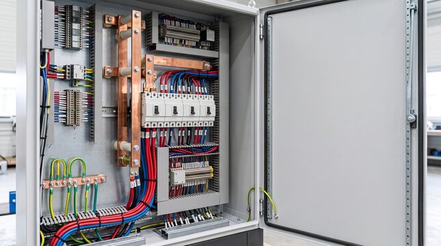 Industrial electrical control cabinet with copper busbars and wiring.
