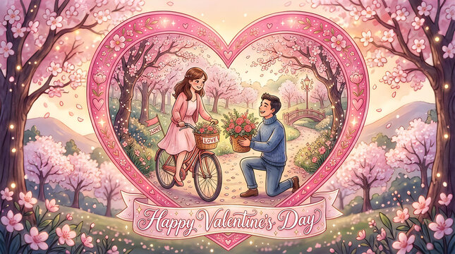 Man proposing to woman on bicycle in spring park illustration