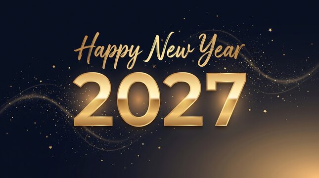 Happy new year 2027 golden typography with sparkling stars and elegant glowing light waves on a dark background