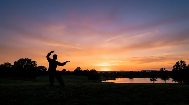 Silhouette of man practicing tai chi or martial arts in open field at golden hour sunset with water reflection and trees in background