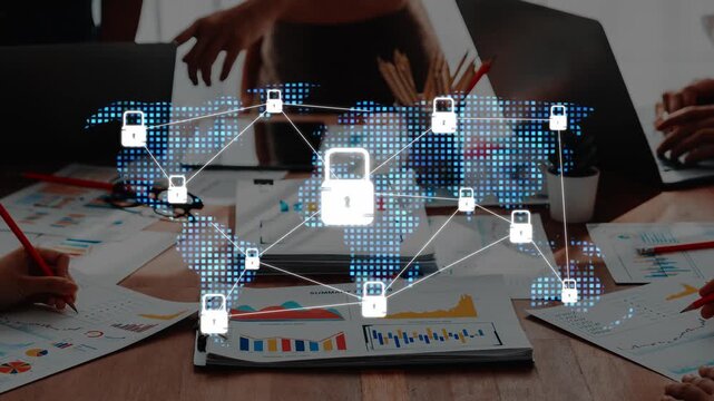 A modern office scene shows a team collaborating on digital security concepts, with lock icons overlaying charts on a workspace table, symbolizing data protection. Raster