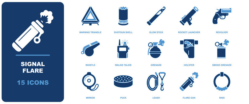 Set of 15 blue monochromatic emergency and survival icons including signal flare, warning triangle, shotgun shell, glow stick, rocket launcher, and revolver