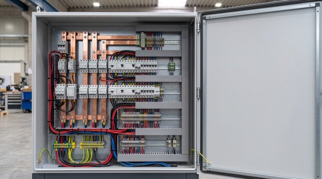 Electrical control cabinet with copper busbars and circuit breakers.