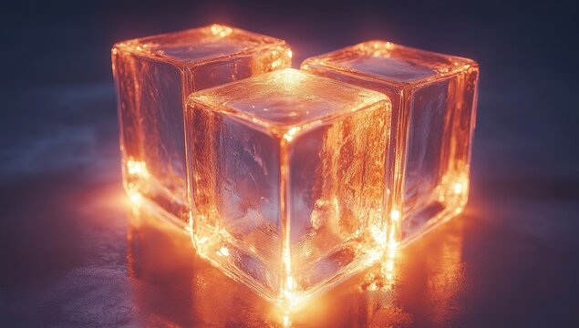 Three glowing, glassy ice cubes