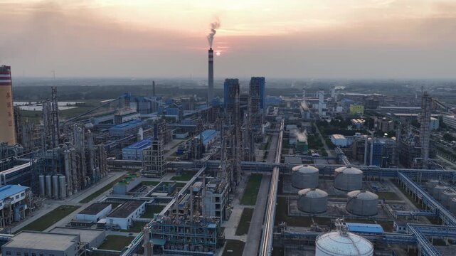 panoramic aerial view of large chemical plant at dusk