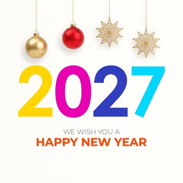 2027 happy new year greeting card with colorful numbers and hanging christmas ornaments isolated on white background