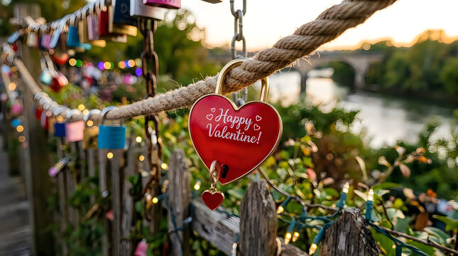 Red heart love padlock on a bridge for Valentines Day illustration