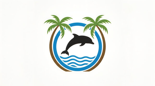Dolphin logo with palm trees and ocean waves circle icon illustration
