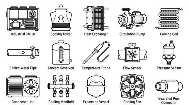HVAC equipment icons set featuring industrial chiller cooling tower and heat exchanger
