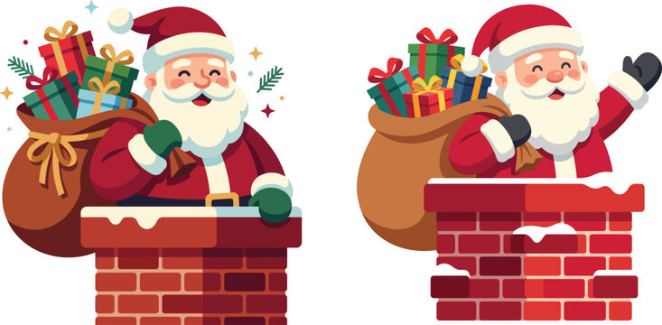 Cute Santa Claus Emerging from Chimney with Gift Sack Vector Illustration Isolated on White Background for Christmas Holiday, Xmas Eve Celebration, Winter Greeting Card, and Festive Graphic Design