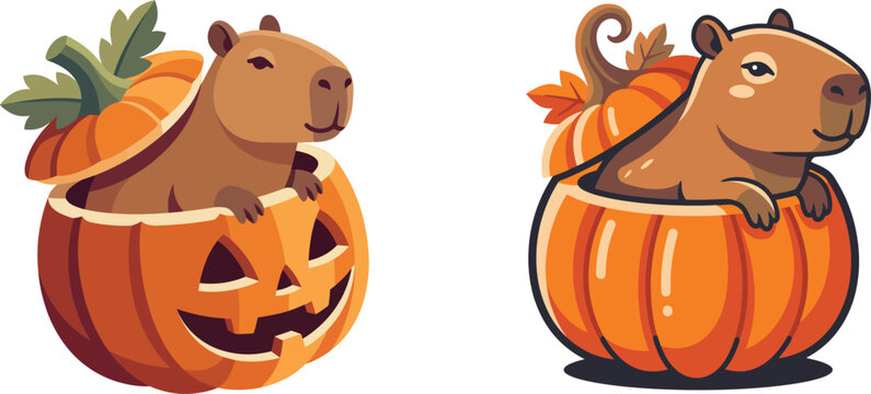 Cute Capybara Sitting Inside Halloween Pumpkin Vector Illustration Isolated on White Background for Fall Autumn Holiday, Spooky Kawaii Animal Mascot, Jack O Lantern, and Halloween Graphic Design

