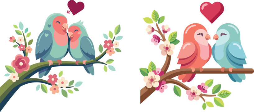Valentine Day Love Birds on Tree Branch Vector Illustration Isolated