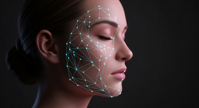 Side profile of a woman's face with a glowing digital network overlay, symbolizing data analysis, security, or technology integration