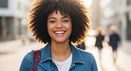 Fototapeta premium Portrait of a smiling woman with curly hair and denim jacket, bathed in golden hour sunlight, conveying joy and natural beauty, a showcase for lifestyle and confidence