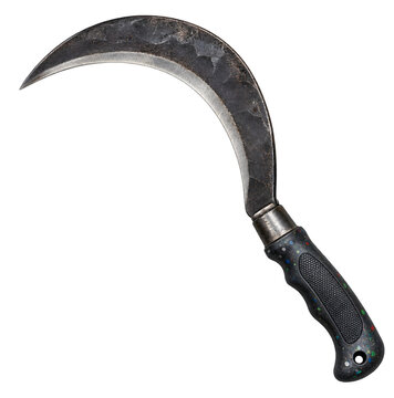 Traditional heavy duty garden sickle featuring sharp forged steel blade and ergonomic textured black on transparent background