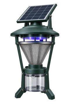 Green solar powered mosquito trap lamp with purple light emitter isolated on transparent background