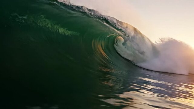 Powerful Ocean Wave Curling at Sunset Video with Dramatic Sea Surf and Water Motion