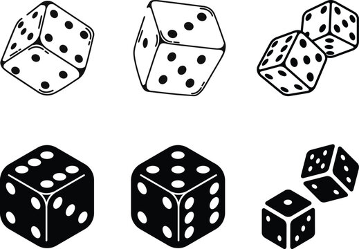 Collection of black and white dice face icons illustrating numbers one through six in both solid and outline styles, symbolizing game design elements and probability concepts