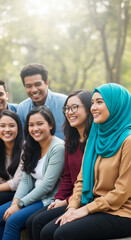 Fototapeta premium Group of young people smiling outdoors, showcasing friendship and joy, representing community and happiness, ideal for lifestyle and social themes.