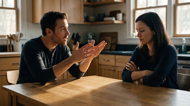 a couple having a serious discussion or argument at a kitchen table with tense emotions.