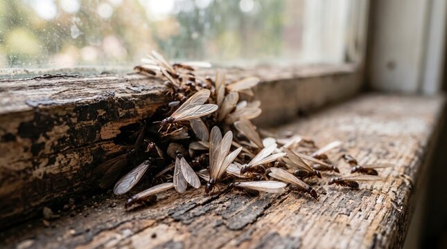 a swarm of winged termites infesting and destroying an old wooden window sill.