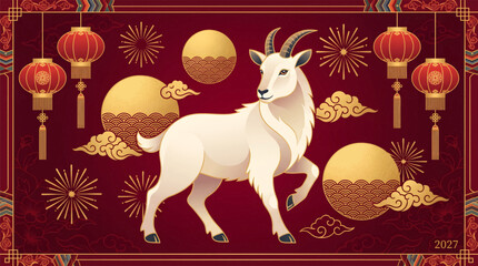 Fototapeta premium White goat illustration with decorative lanterns and celestial symbols on dark red background with animal
