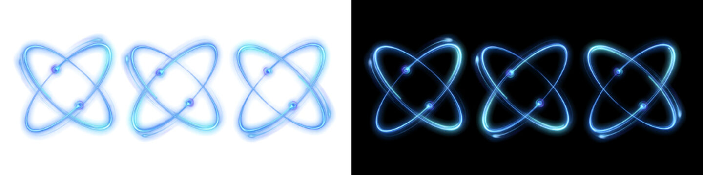 Set of Glowing Blue Atom and Electron Orbit Symbols on Split Black and White Background