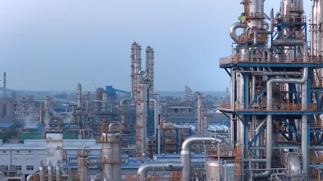 Large chemical plant with towering pipes and towers