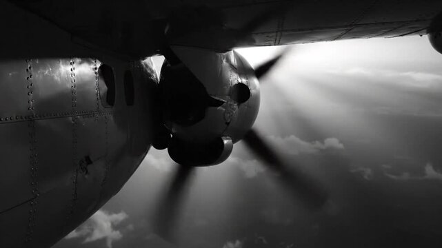 Black and White Perspective of Aircraft Engine and Propeller Blades In Flight With Cloudy Sky and Sun Beams