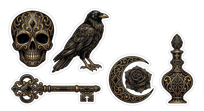 Luxury gothic black and gold sticker sheet with ornate skull raven and key